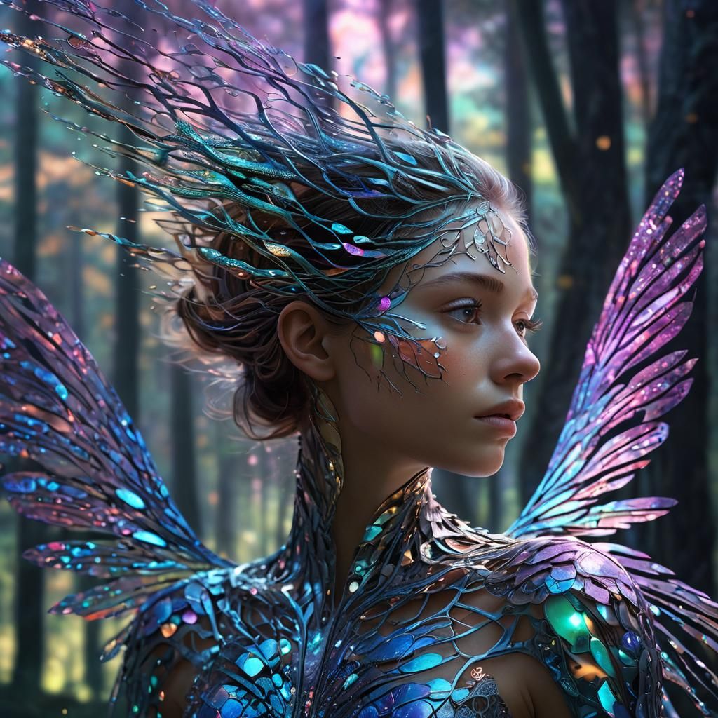 Iridescent Person in Shimmering Woods: Digital Art