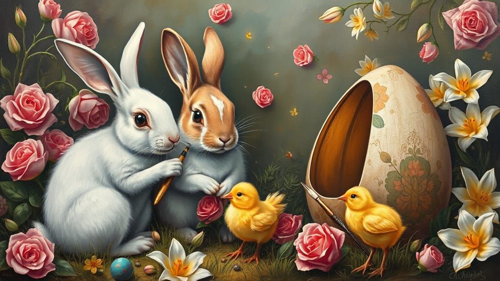 Rabbits and Chicks Painting Easter Eggs, Surrealist Style