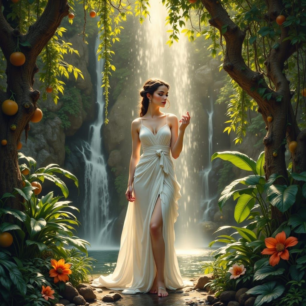 Greek Goddess Washing in Waterfall, Art Nouveau Style