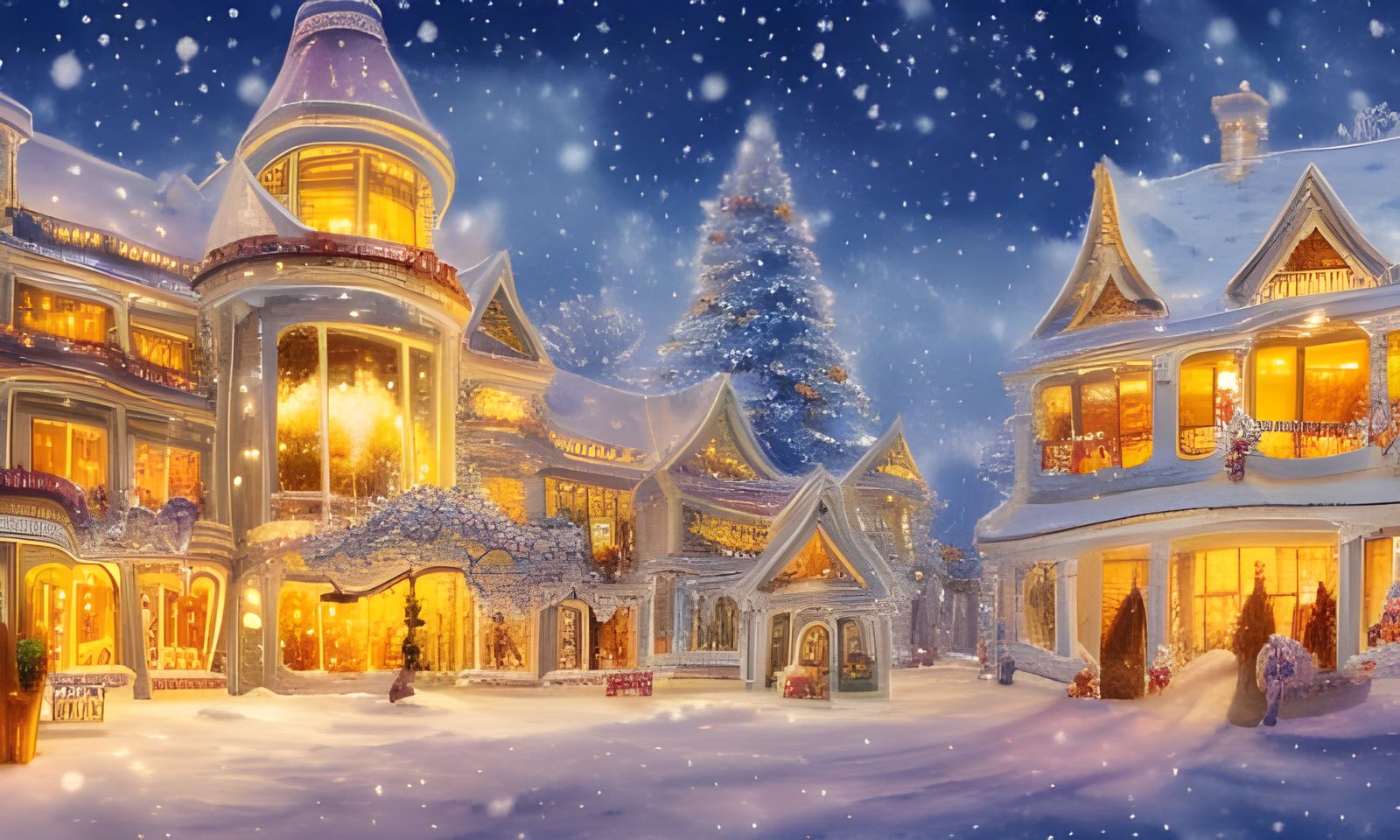 Watercolor Flower Mansion in Snow at Christmas