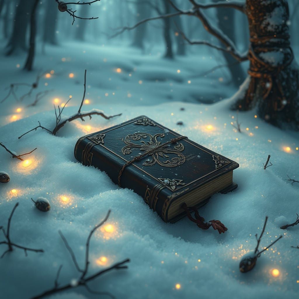A Mysterious Leather-Bound Tome in a Snowy, Ethereal Landsca...