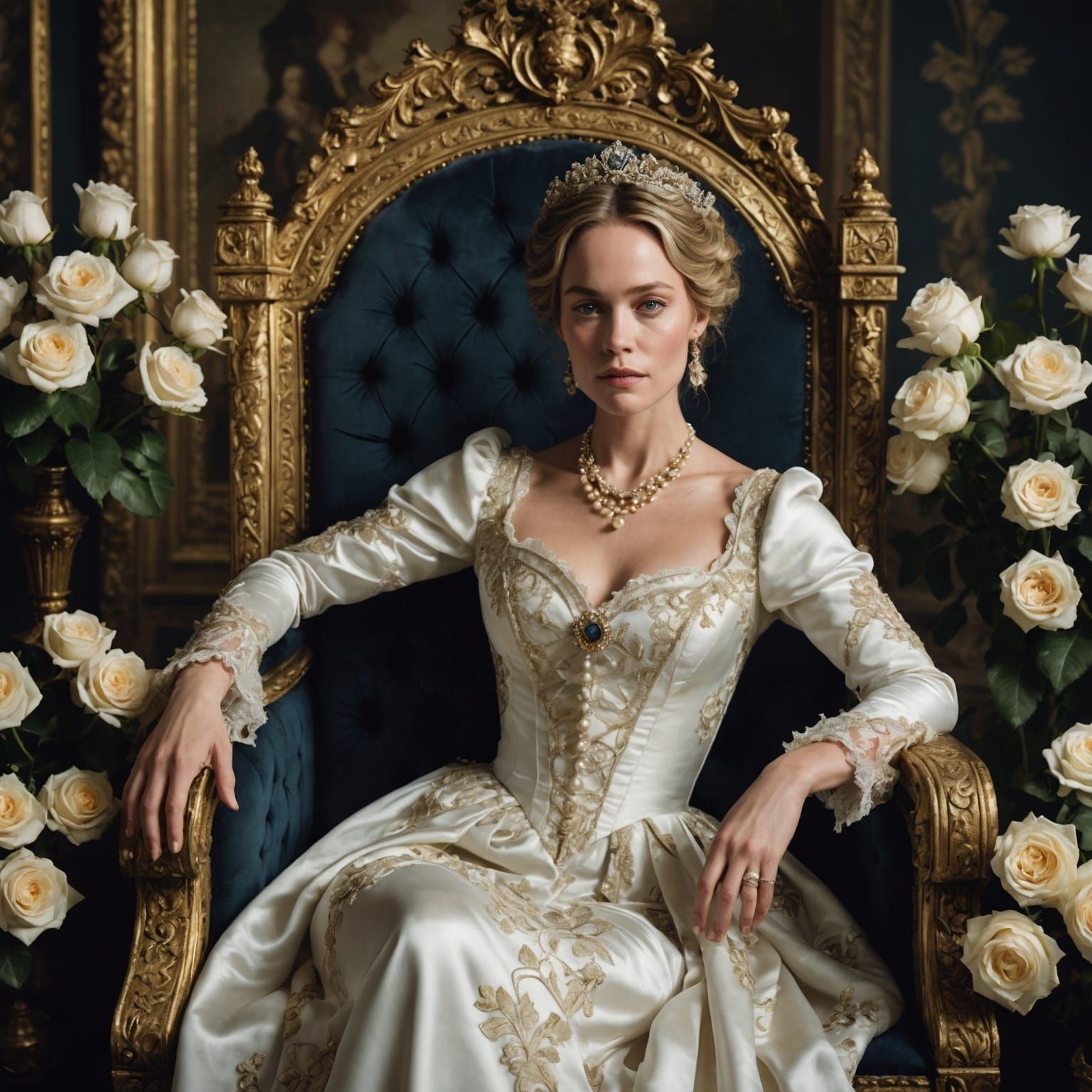 Rococo Queen in Silk Gown on Gilded Throne