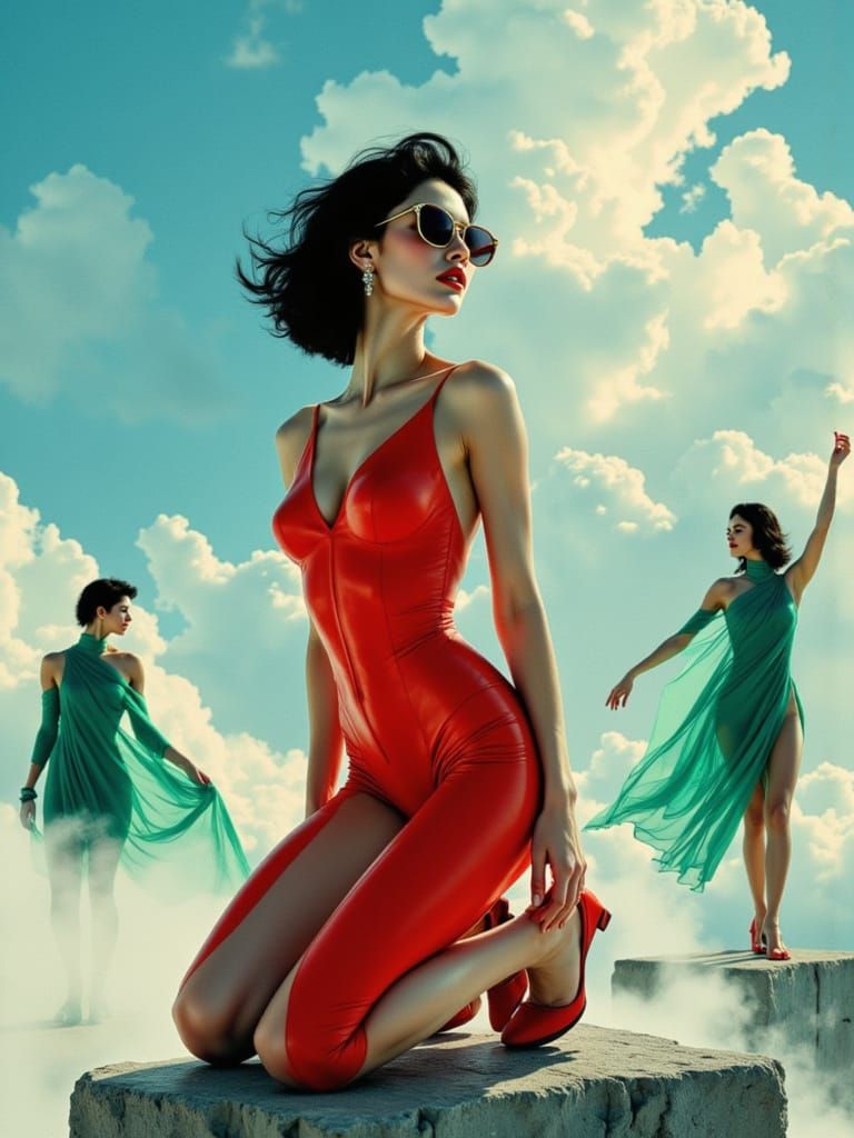 Woman in Red Bodysuit with Dancers in Luminous Clouds