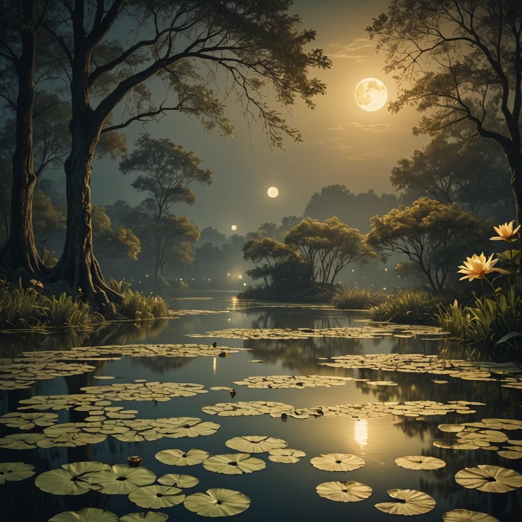 Gold Moonlit Pond at Night in Luminism Style