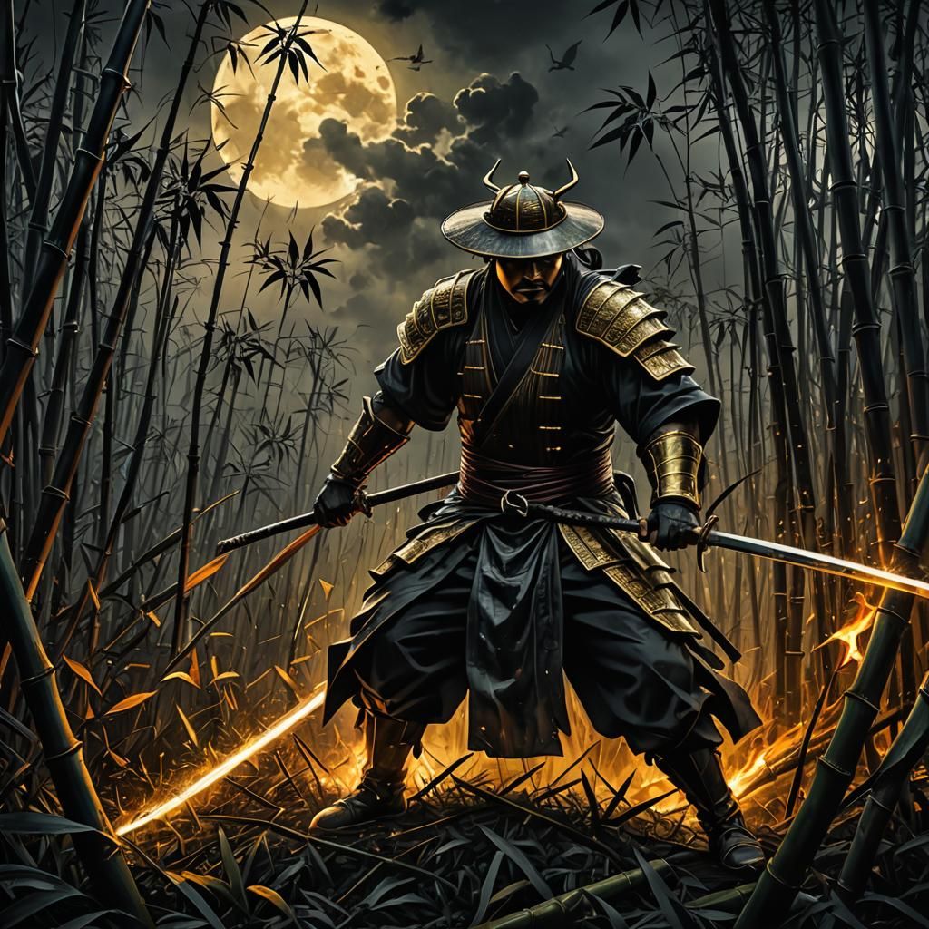 Dark savage Ronin slashing enemies in bamboo field with bloo...