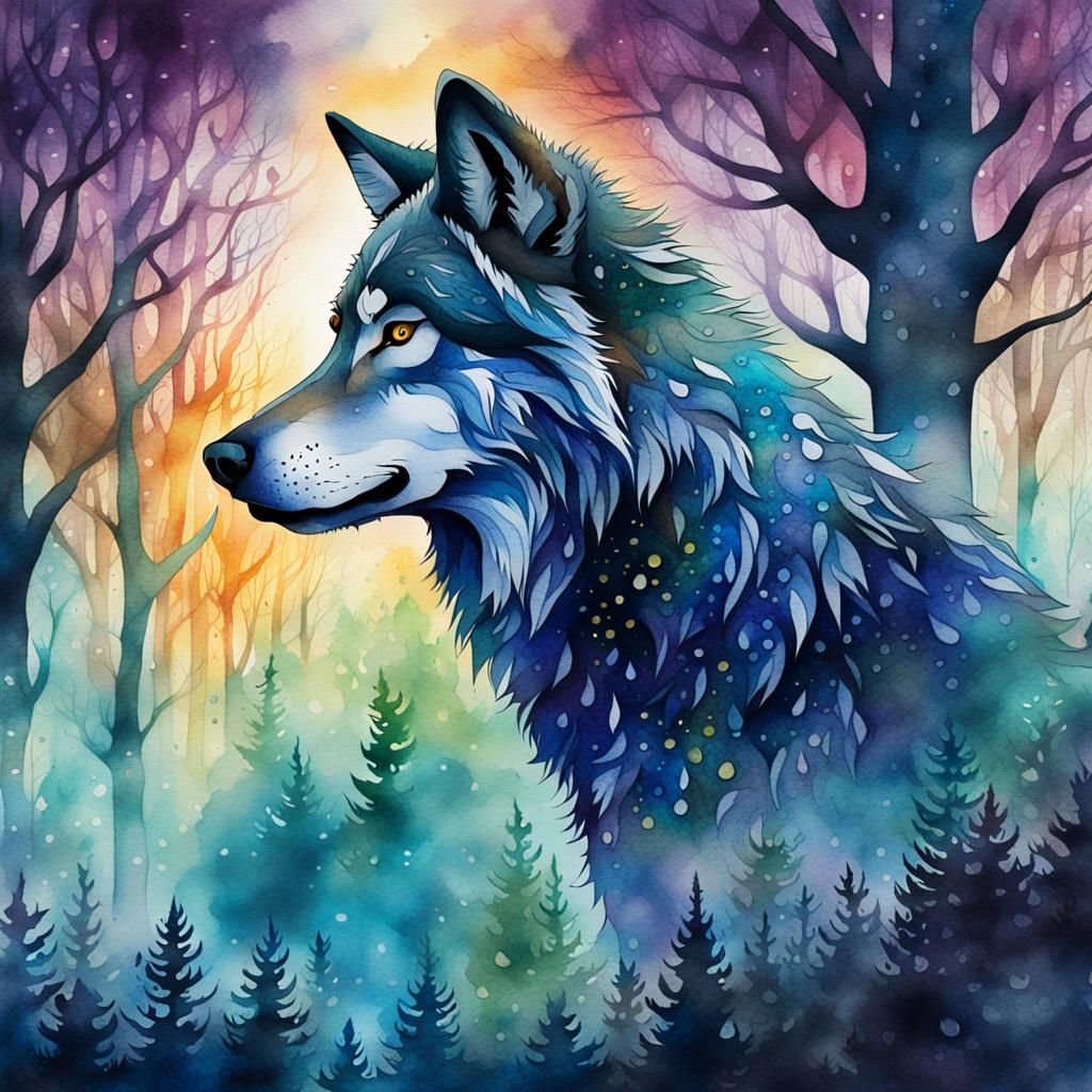 Mystical Wolf Portrait in Dark Fantasy Watercolour