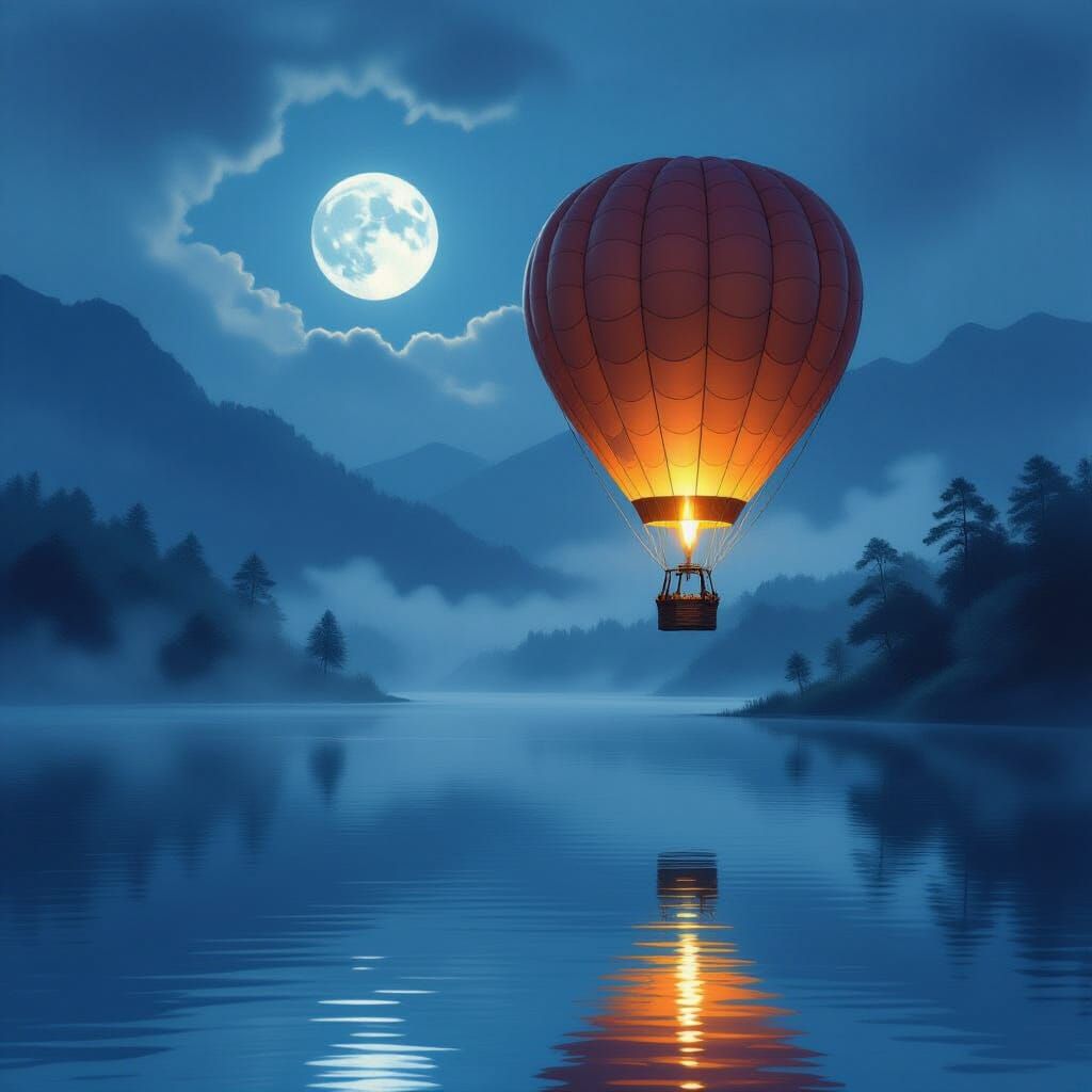 Moonlit Hot Air Balloon in Dreamy Landscape