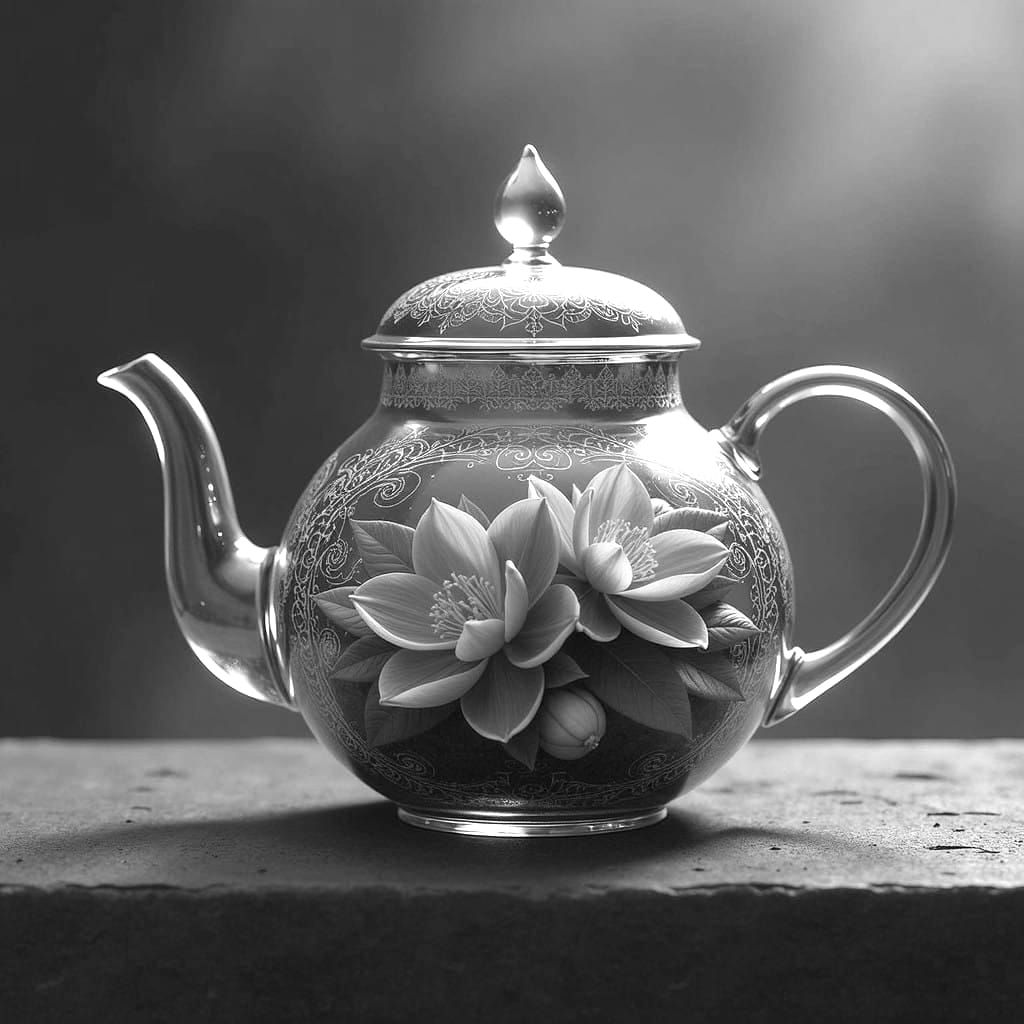 Elegant Glass Tea Pot Surrounded by Whimsical Flowers in a D...