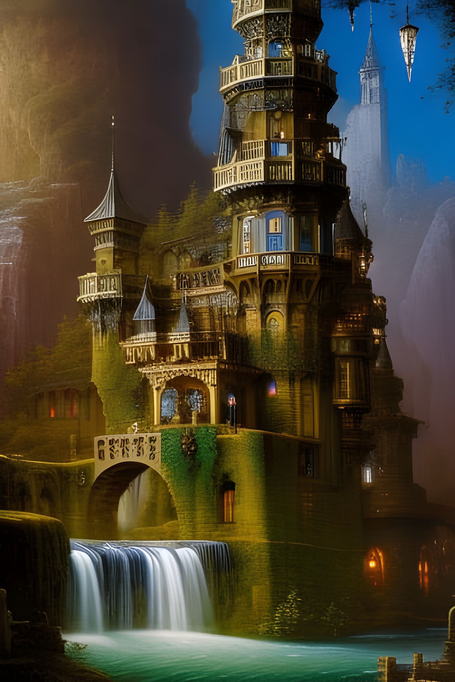 Elven castle with waterfall, hidden in woods