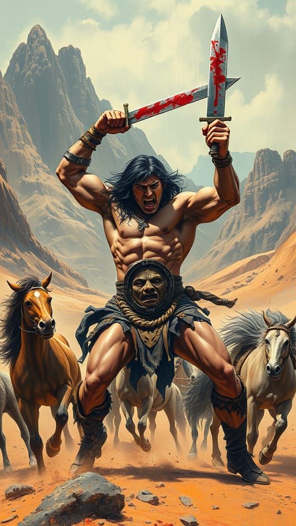 Muscled Barbarian Conan in a Desert Battle Scene