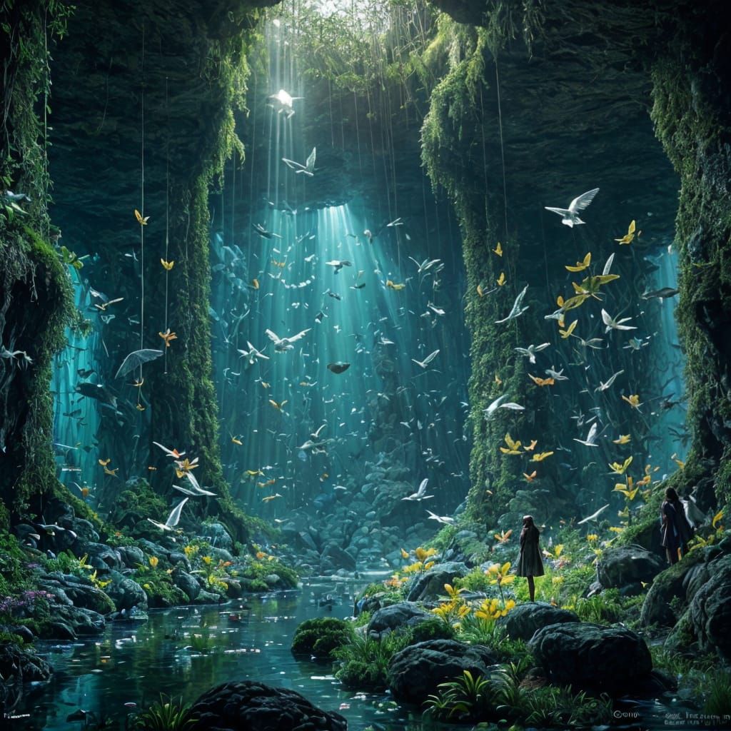 Glowing Glass Statue in Bioluminescent Cavern