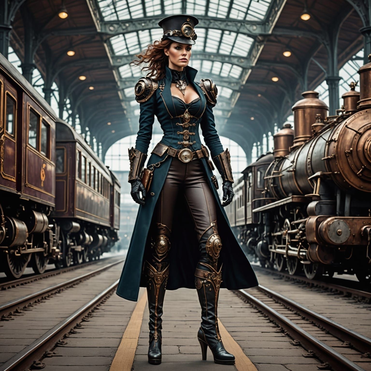 Steampunk Woman at Train Station in Retrofuturistic Style