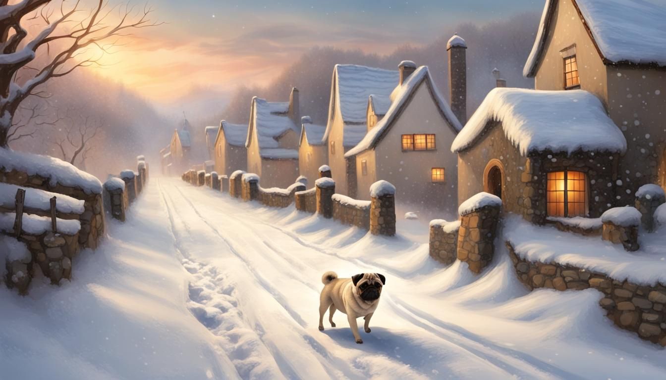 Pug Walking Through Snow-Covered Village