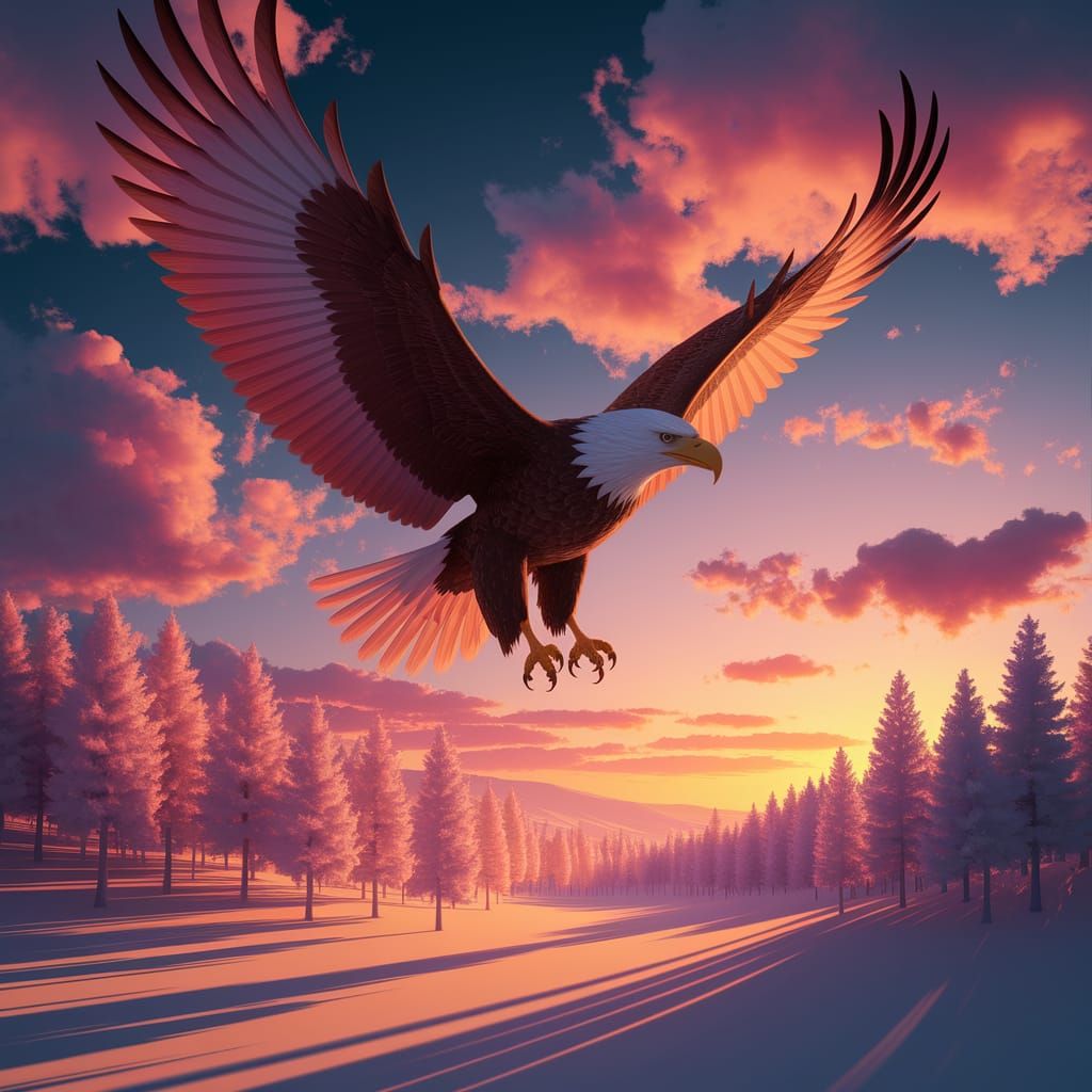 Majestic Eagle Soaring Through Sunset Sky in 3D