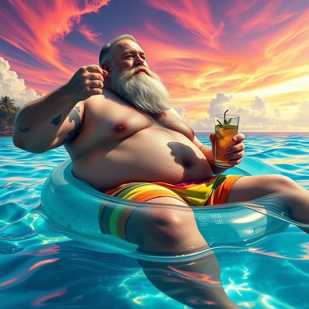 Joyful Bearded Man Floating in Caribbean Waters
