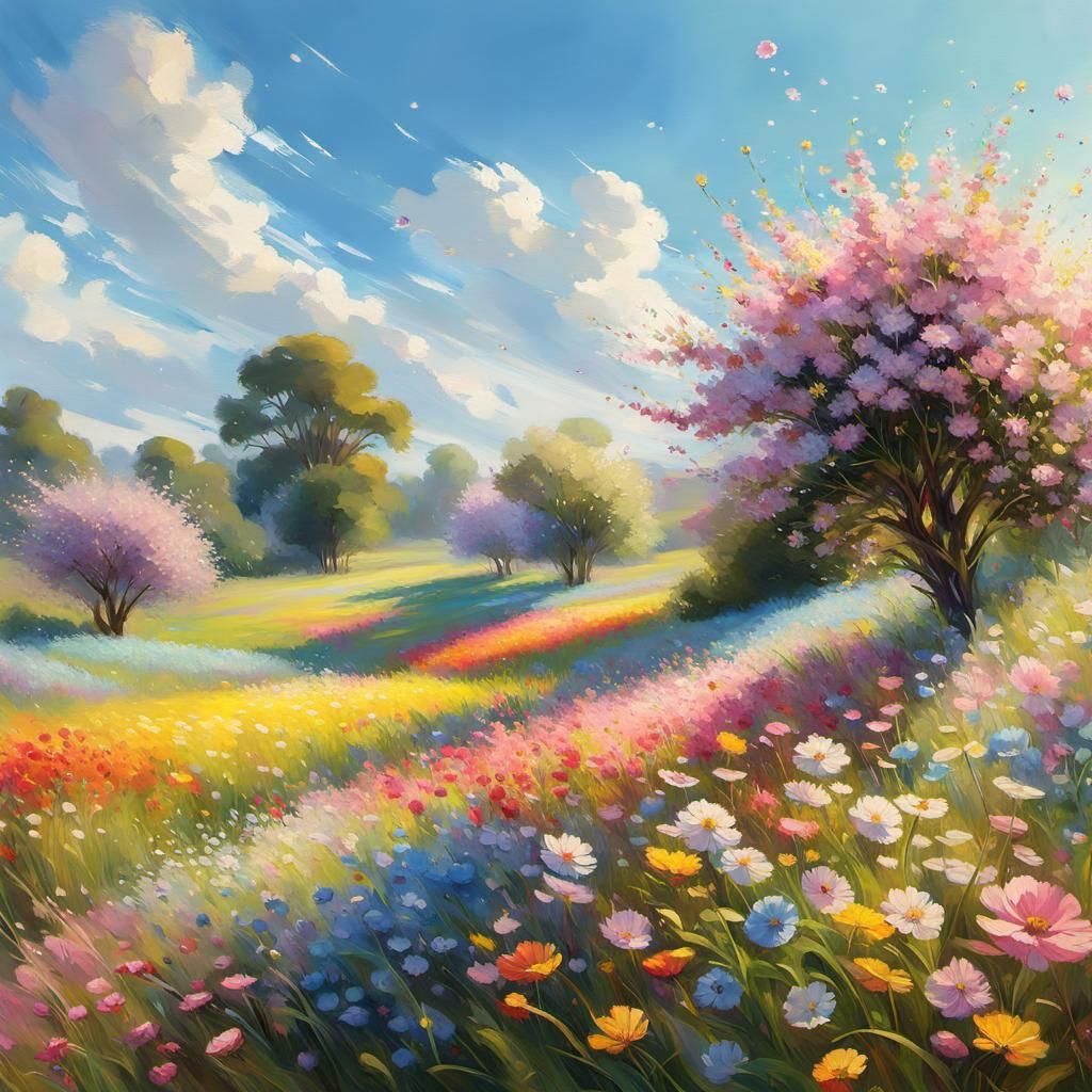 Sunlit Meadow in Impressionistic Digital Art Style