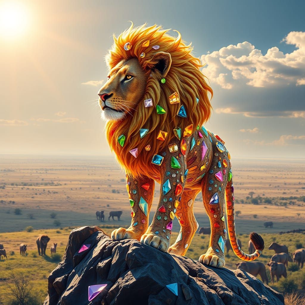 Gemstone Lion Overlooking Sun-Drenched Savanna