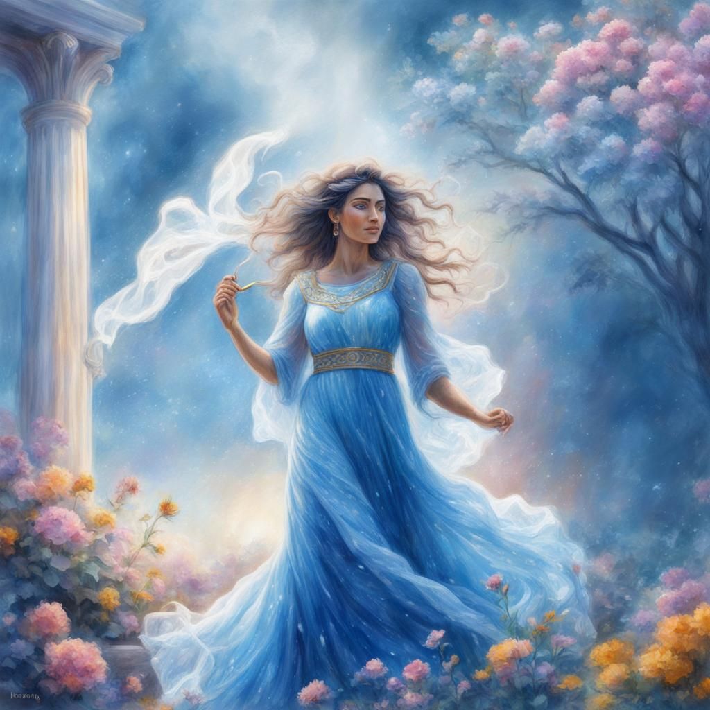 Pencil Sketch of a Beautiful Greek Woman in a Greek Blue dress