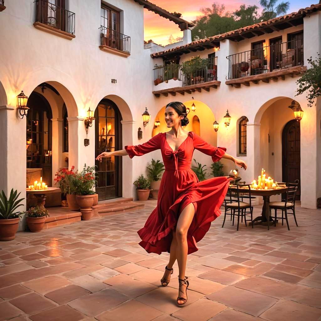 Spanish Senorita Dancing in Mission Courtyard at Sunset