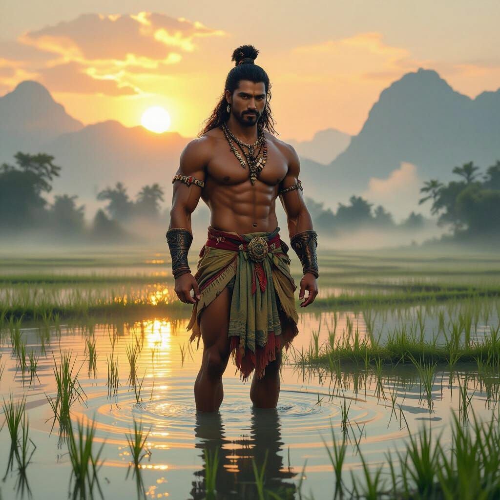 Tribal Muscle Man in Rice Paddy at Dawn