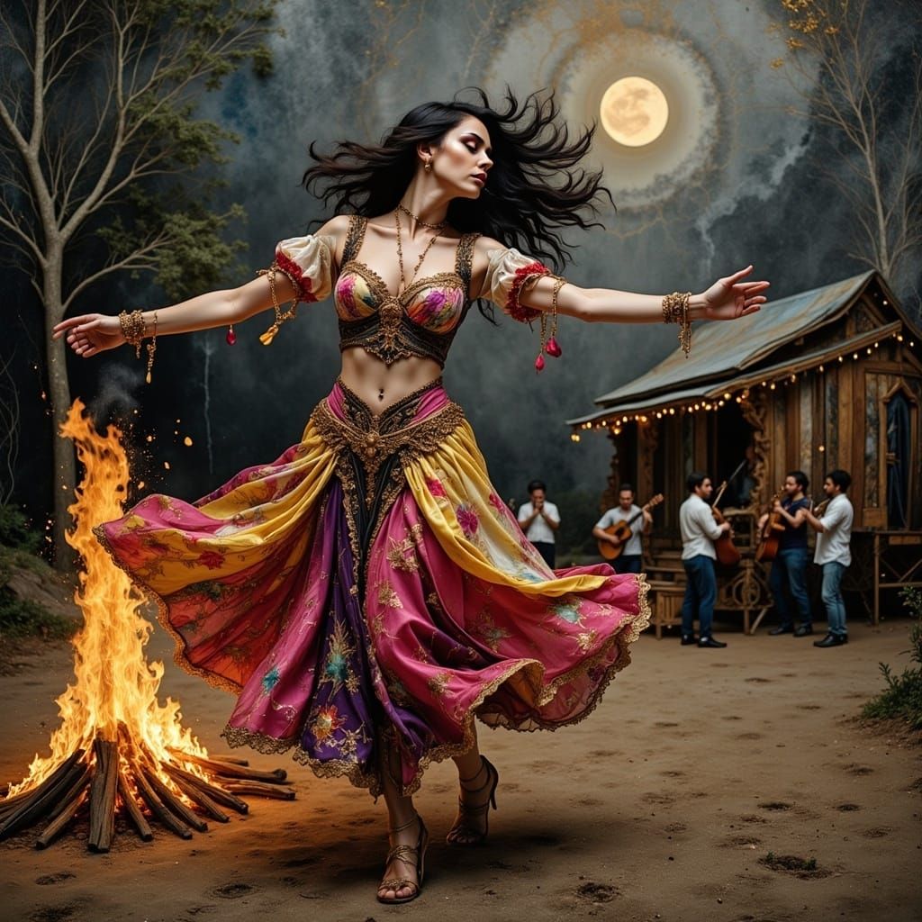 Gypsy Dancer Beside Bonfire as Impressionist Painting
