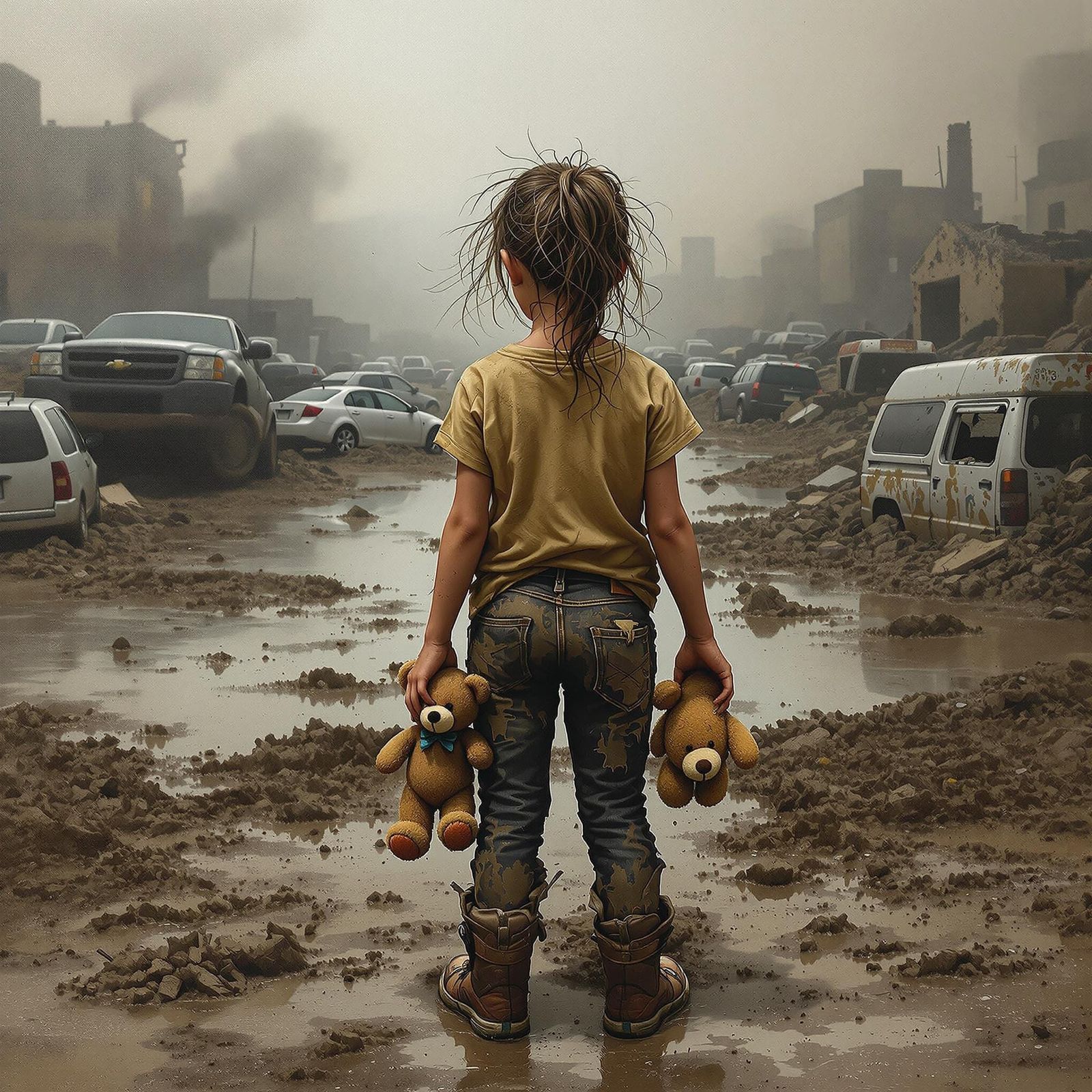 Girl Before Ruined City: Hyperrealistic Oil Painting
