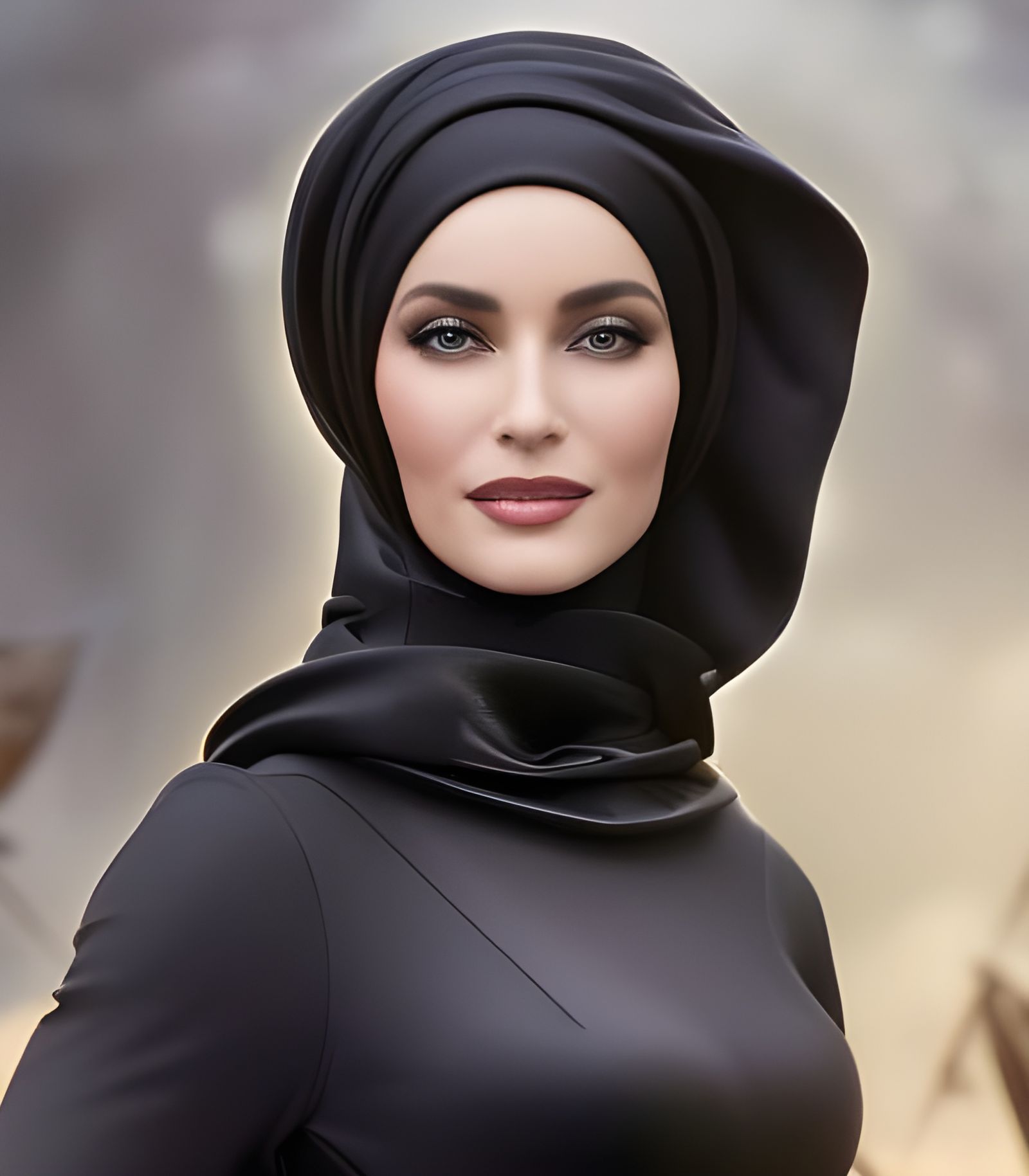 Elegant Woman in Hijab and Latex Dress