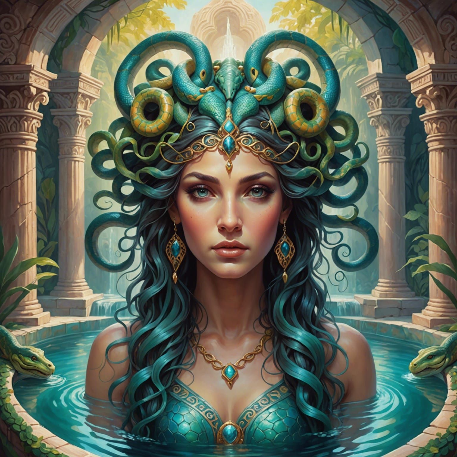 Pastel Gorgon in Ornate Cave, Oil Painting