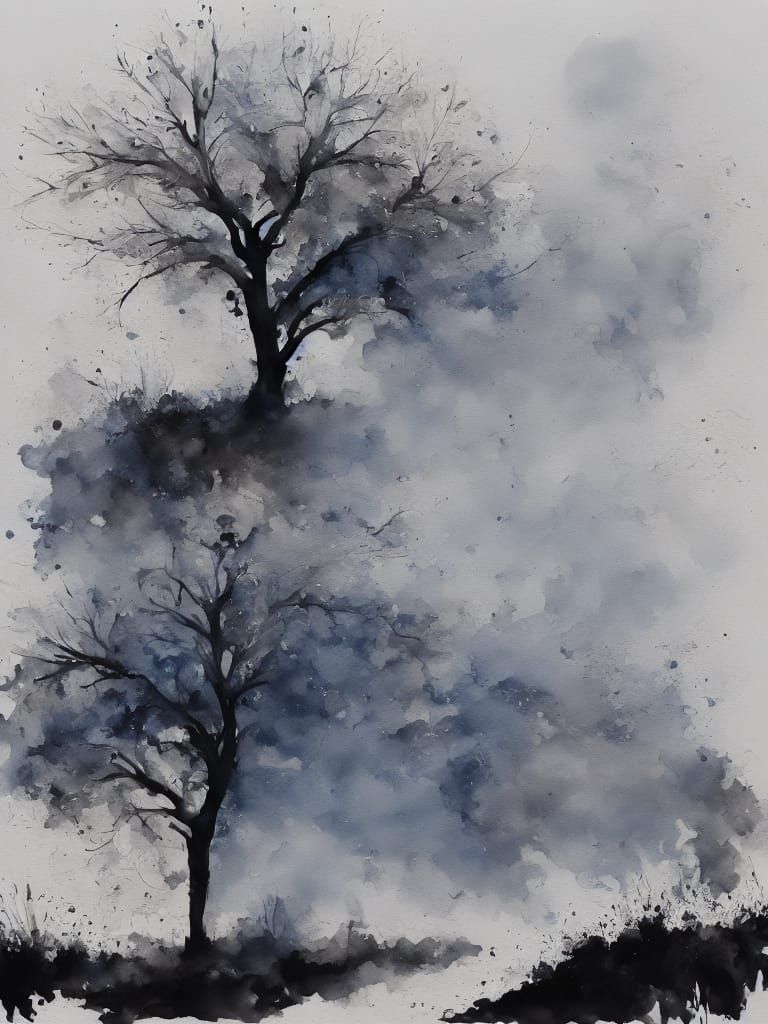 Tree Silhouette with Glowing Eye in Sumi-e Style