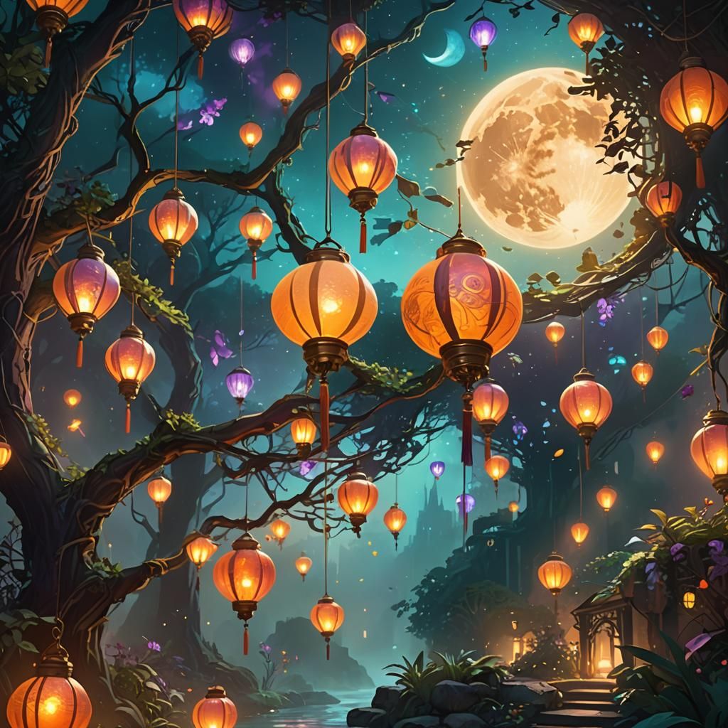 Dreamlike Moon Lanterns in Lush Greenery