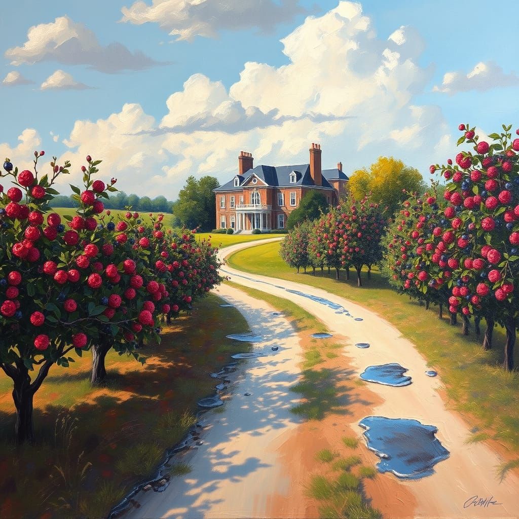 Surreal Berry Orchard Road Near Mansion in Oil