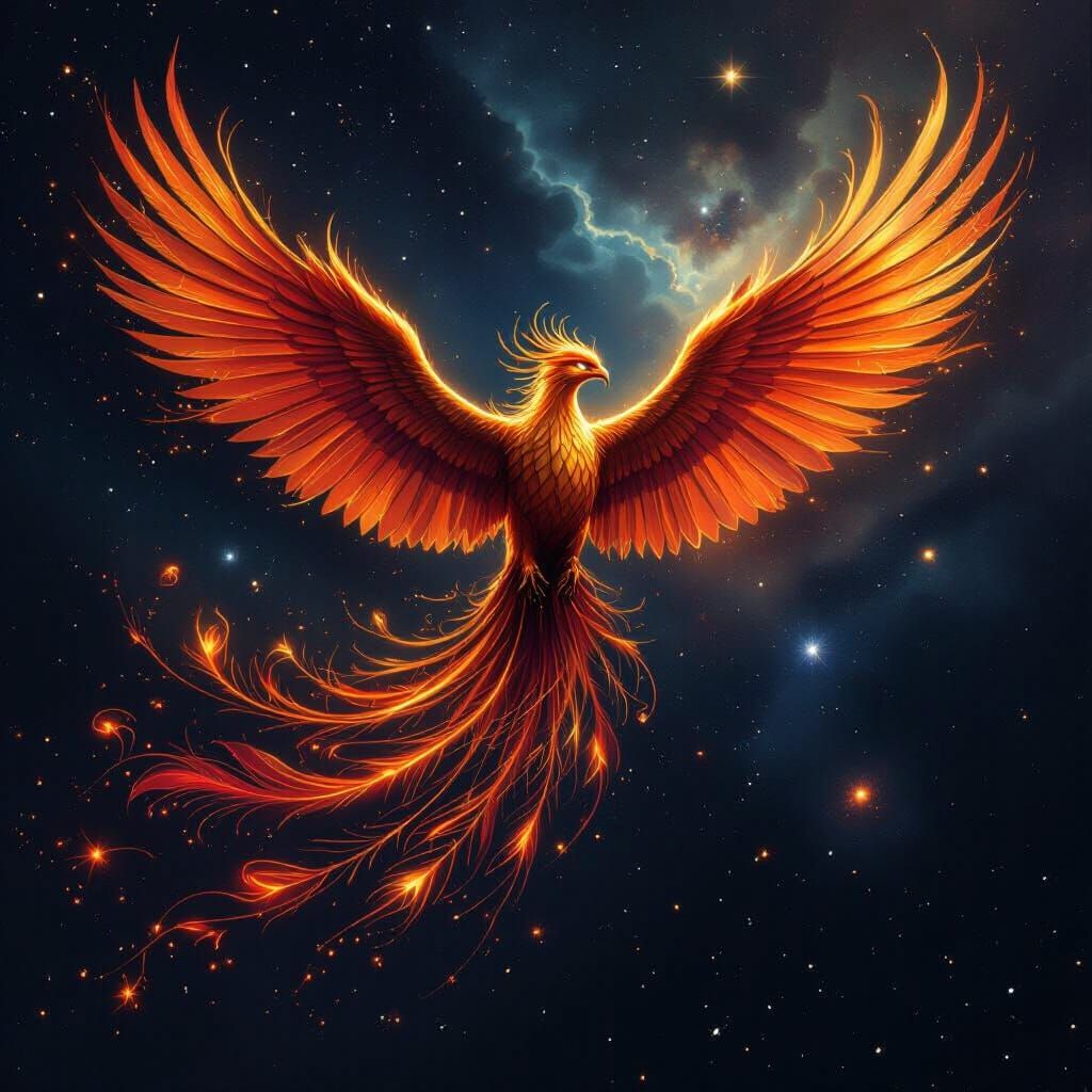Majestic Phoenix Soars Through Cosmic Nebula in Epic Fantasy...