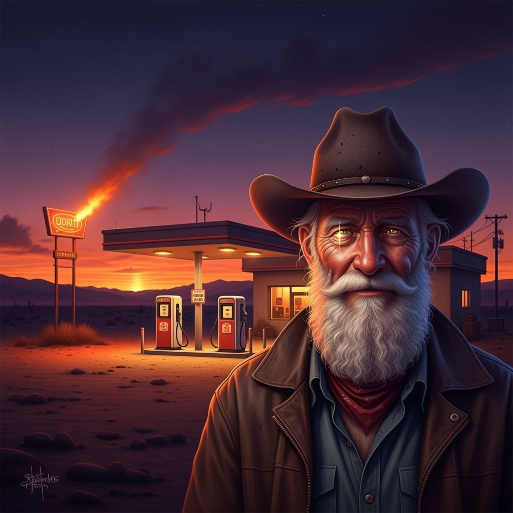 Wise Old Man at Desert Gas Station at Dusk