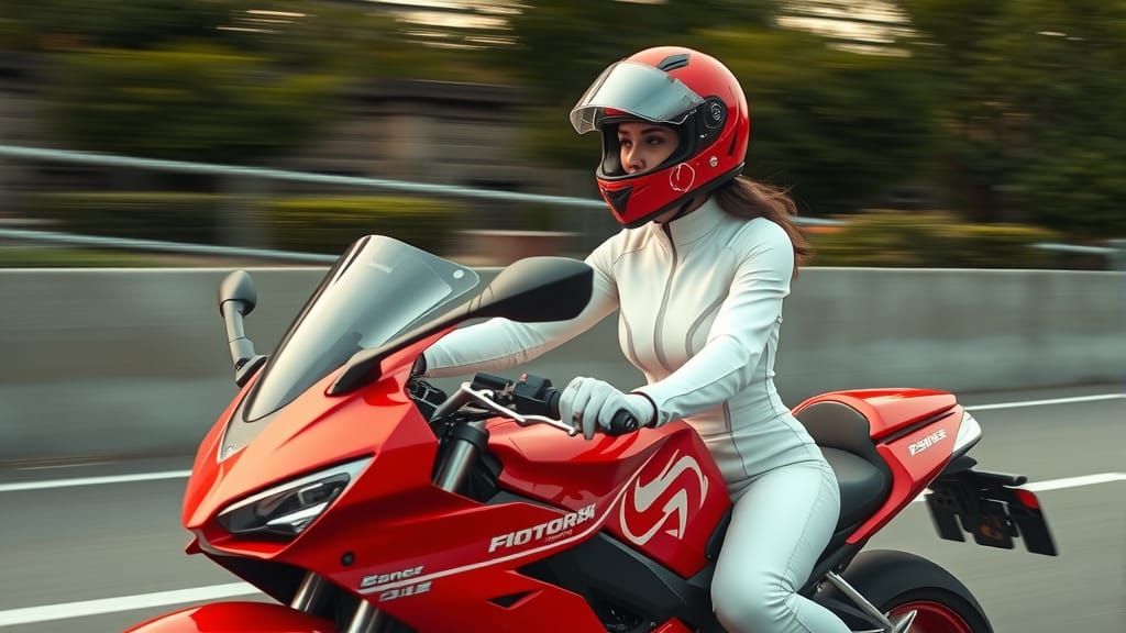 Woman Speeds on Red Motorcycle in Cinematic Style