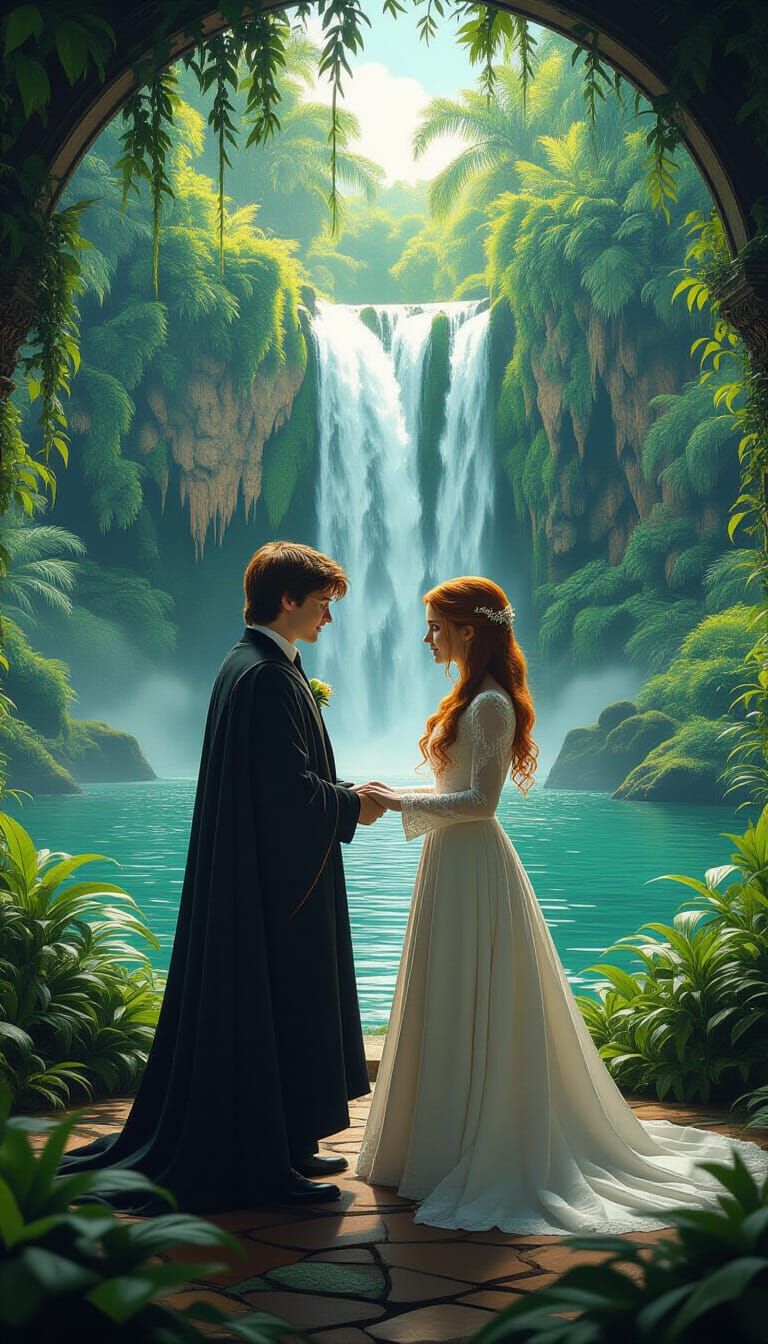 Harry Potter Wedding at Oasis Waterfall, Hyperrealistic Scen...