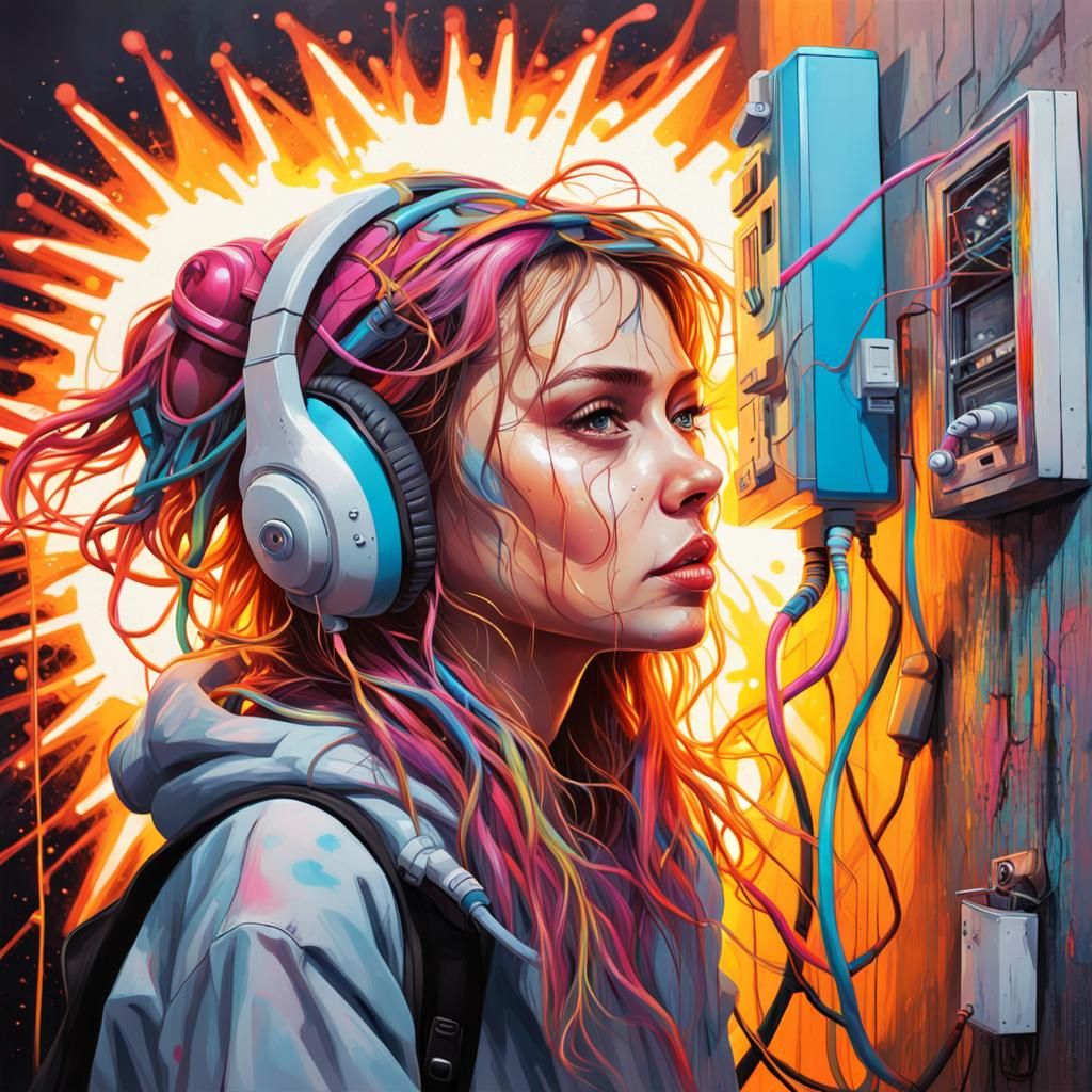 TV Girl Charging Sun Lights in Graffiti Art Style