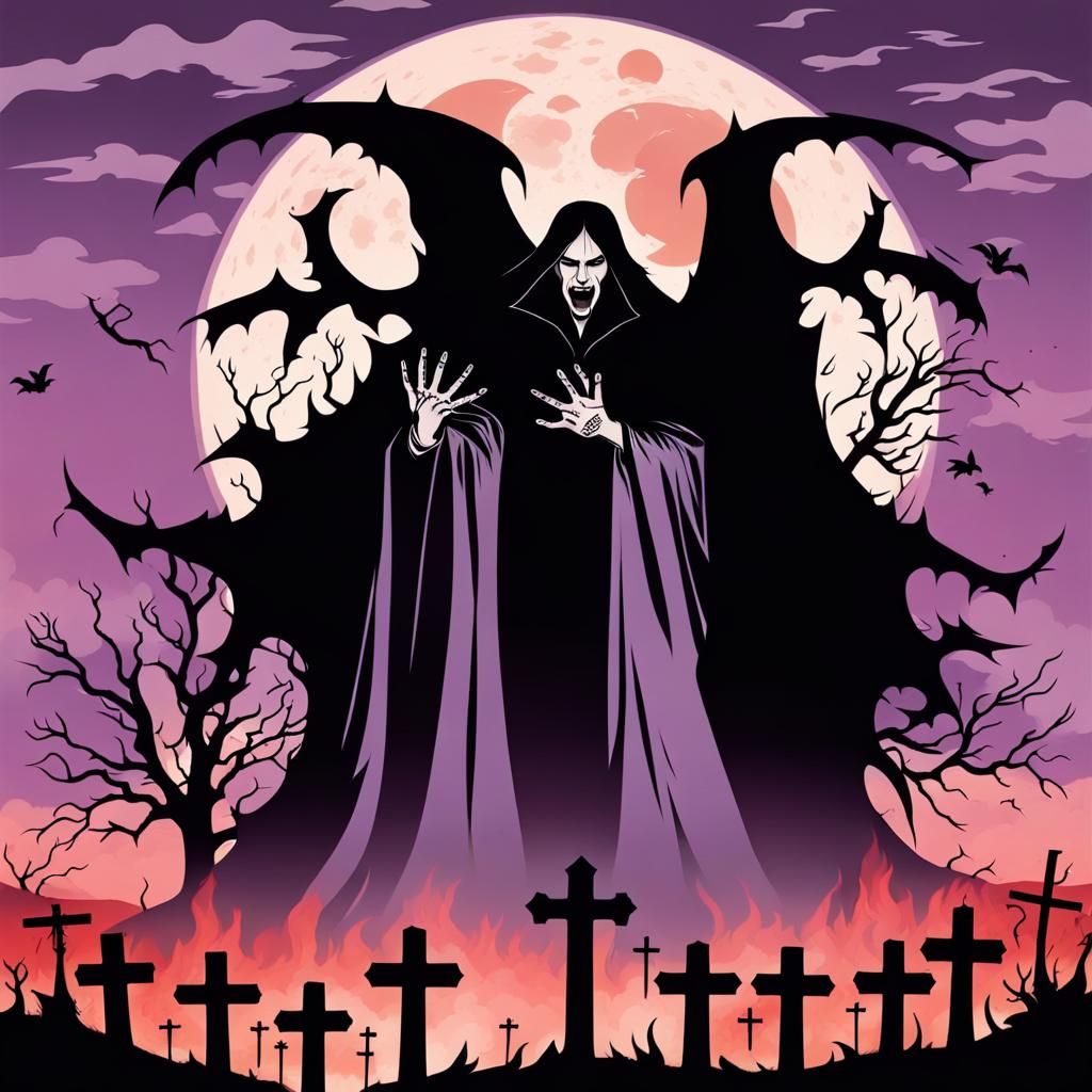 Vampire Silhouette with Burning Crosses and Blood Moon