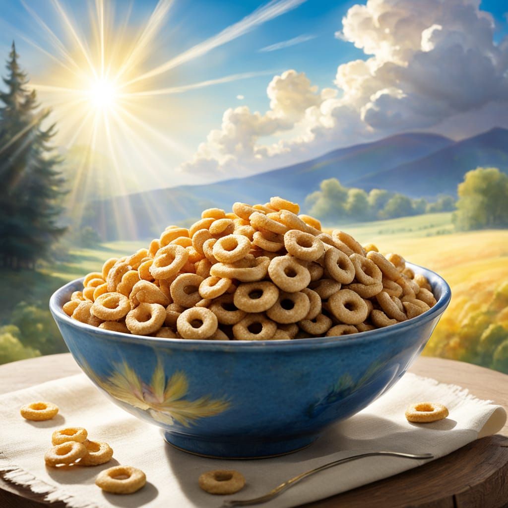 Surreal Cheerios Scene in Whimsical Watercolor Style