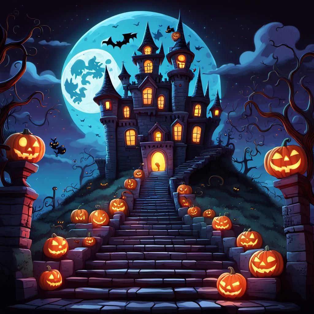Cartoon Castle Staircase with Halloween Charm in 3D