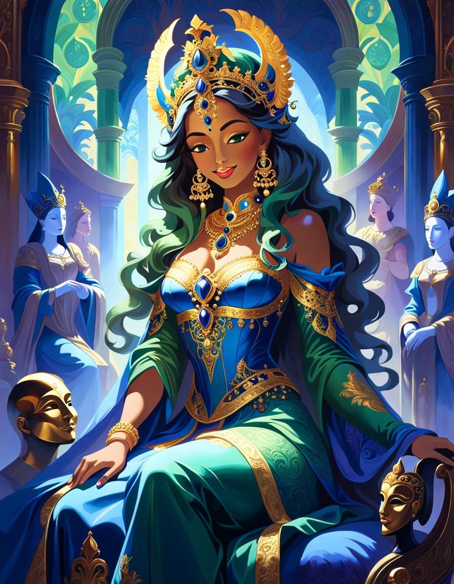 Goddess on Throne in Ornate Baroque Chamber