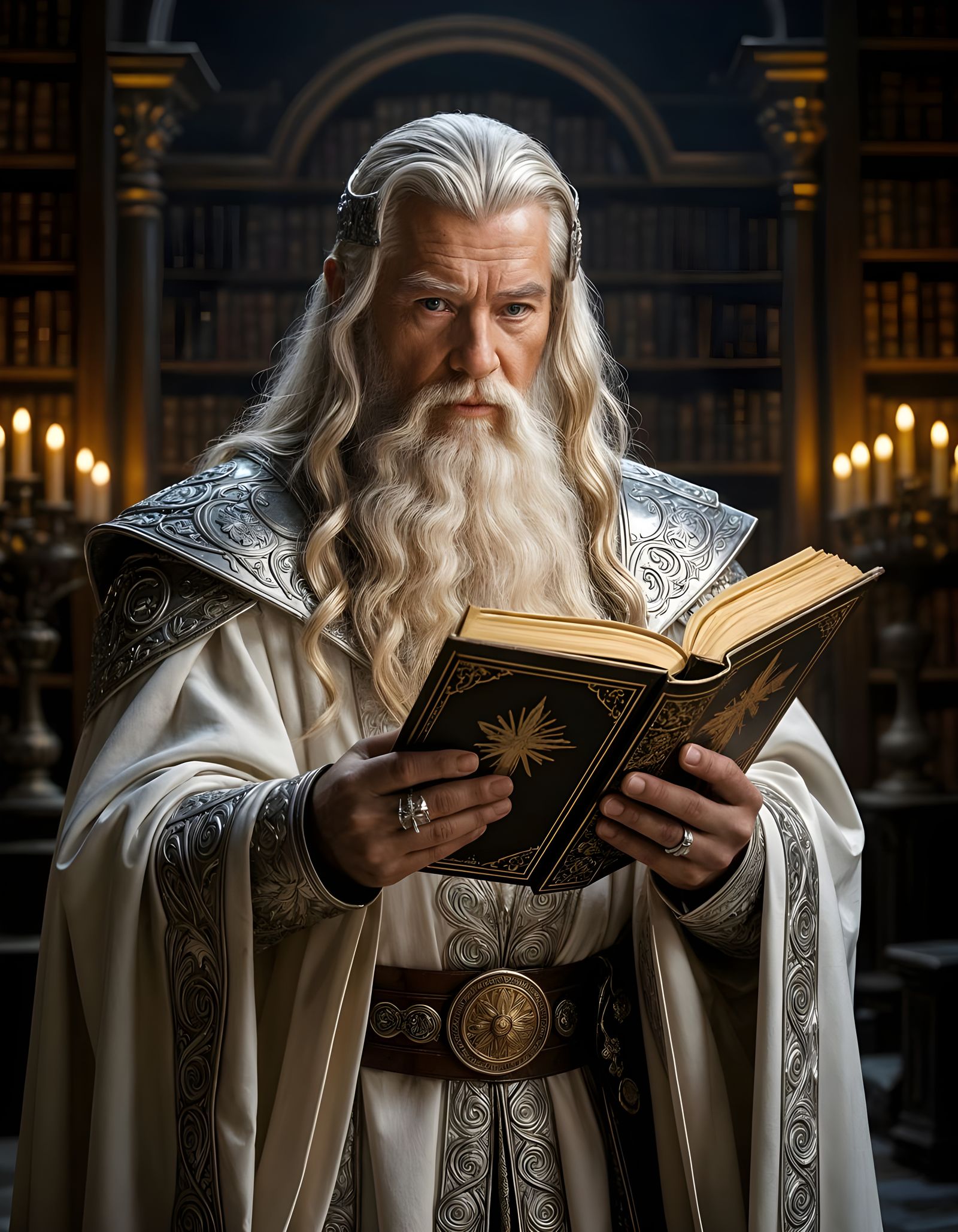 Gandalf-esque Wizard with Ancient Tome in Grand Library
