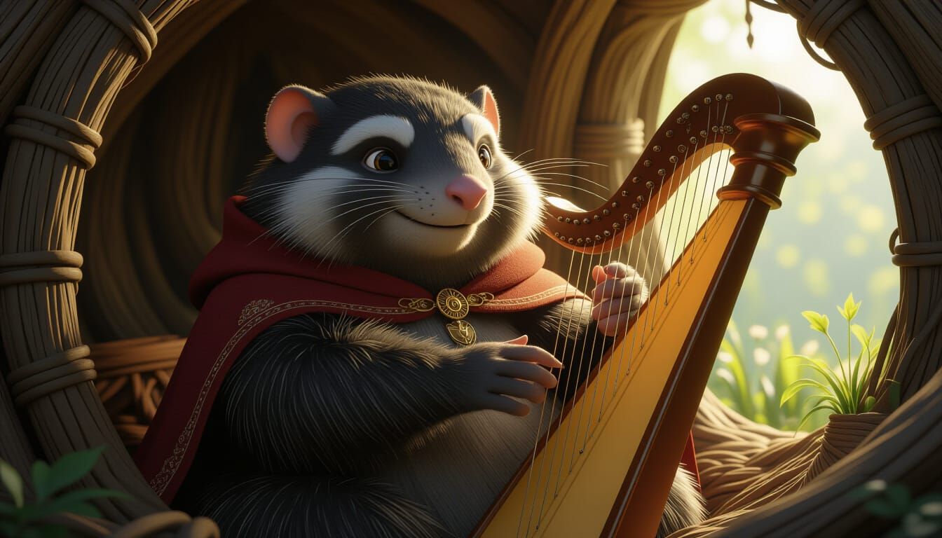 Mole Harpist in Cozy Burrow, Concept Art Style