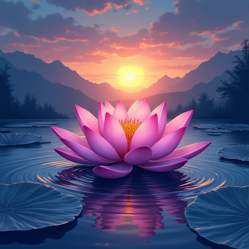 Lotus flower on a lake at sunrise. Fresh. Vaporwave meets im...