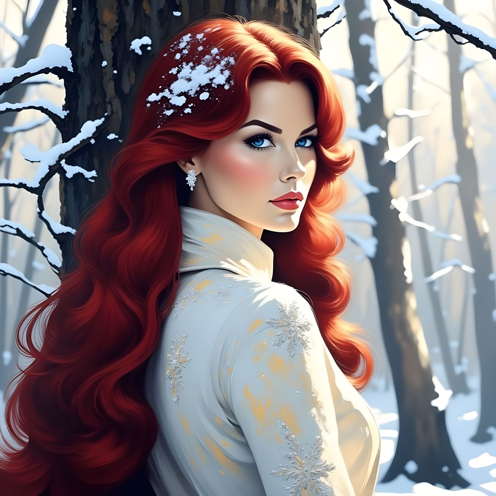 Red-Haired Woman in Snowy Forest, Impressionistic Style