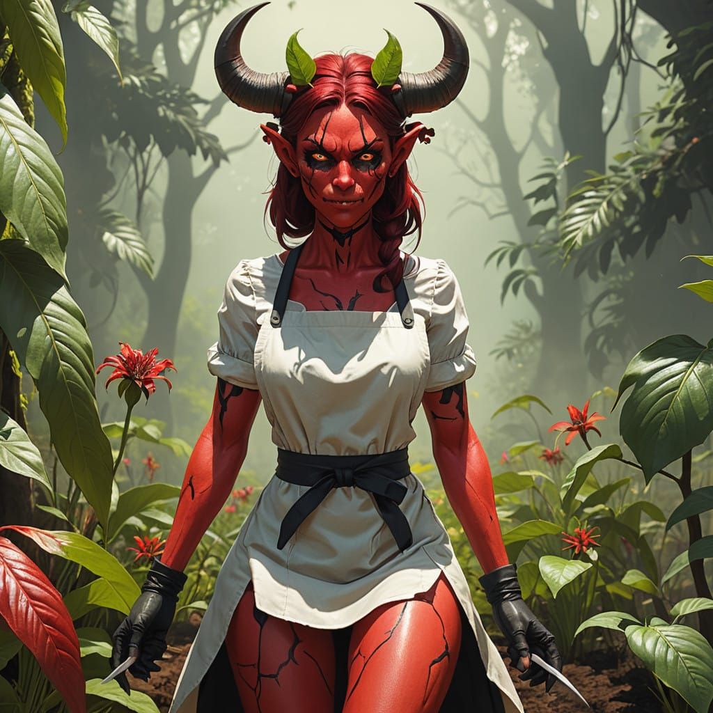 Sultry Botanist Tends Carnivorous Flowers in Dark Garden