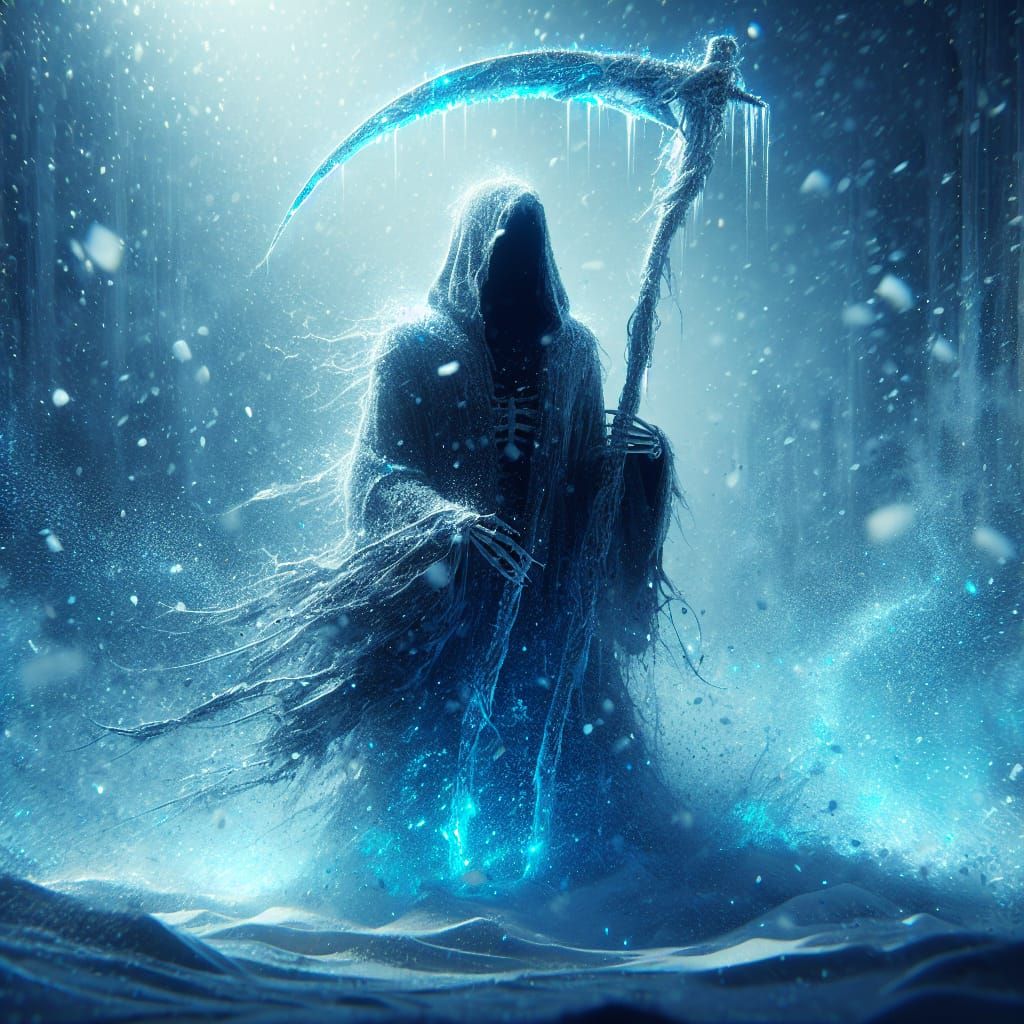 Icy Grim Reaper in a Fierce Snowstorm