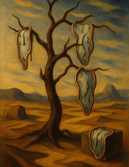 Surreal Melting Clock Tree in Barren Landscape