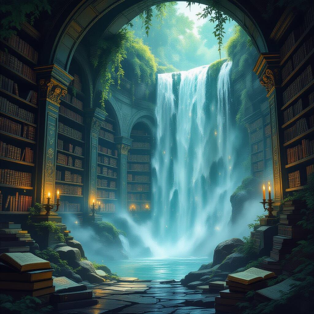 Forgotten Library Behind Waterfall with Celestial Maps