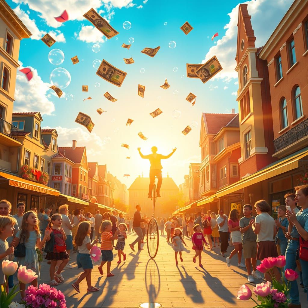 Vibrant Town Square with Floating Money, Miyazaki Style