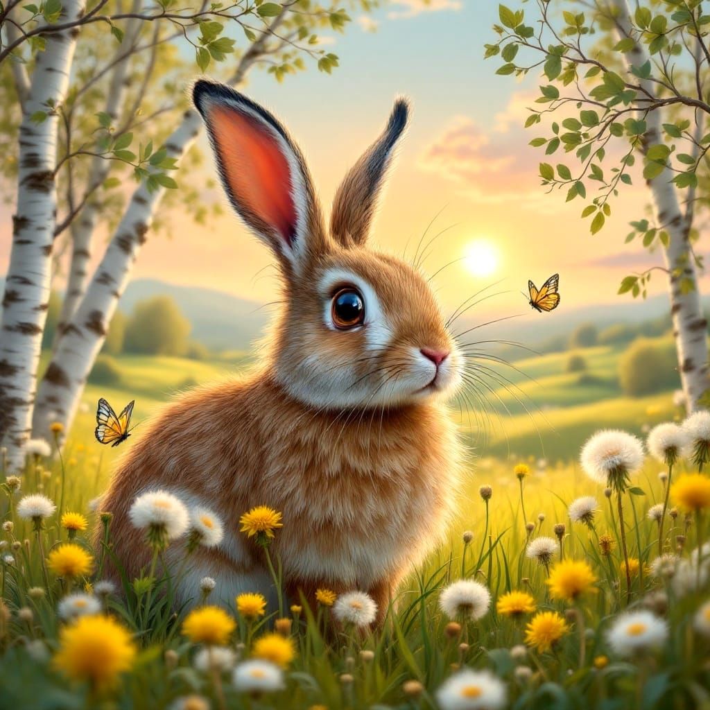Hyperdetailed Hare with Dandelions in Spring Sunlight